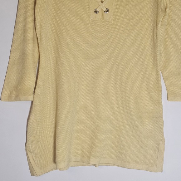 All at Once Sweater Womens Medium Yellow Waffle Knit Lace Up Tie Neck Tunic Top - Picture 3 of 15